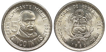 Перу 5 инти 1986 Мигель Грау KM 300 медно-никель UNC 4605-326