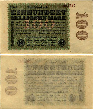 ГЕРМАНИЯ 100000000 МАРОК 1923 22 АВГУСТА 1923, ВОДЯНОЙ ЗНАК G/D, E Pick 107d бумага аUNC 7183-22-2-1