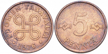 ФИНЛЯНДИЯ 5 ПЕННИ 1976 KM 45 медь 3996-1038