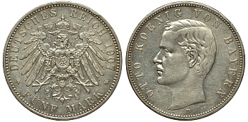 Бавария 5 марок 1907 D, Отто (1886-1913) Weege 47, J. 46, KM 512 серебро 413-5835