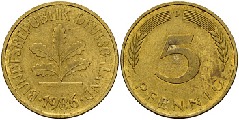 ФРГ 5 пфеннигов 1986 J J.382, KM 107 сталь плакированная латунью    4598-1049