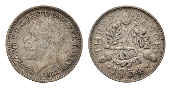 Великобритания 3 пенса 1934 Георг V (1910-1936) KM 831, Spink 4042 серебро 4644-565