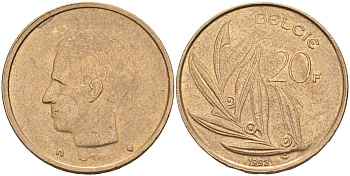 БЕЛЬГИЯ 20 ФРАНКОВ 1993 BELGIE KM 160 никель бронза 4589-817