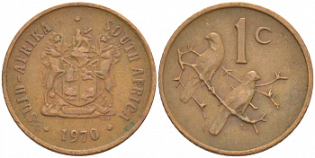 ЮАР 1 ЦЕНТ 1970 ГЕРБ, КАПСКИЕ ВОРОБЬИ KM 82 бронза 3309-612