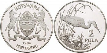 Ботсвана 2 пула 1986 серия защита окружающей среды, тихоокеанская белая цапля, тираж 25000 экз. KM 18 серебро PROOF 1068-6-12