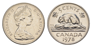 Канада 5 центов 1978 Елизавета II (1952-2022), бобр KM 60.1 никель PROOF-LIKE (BU) 4630-949