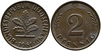 ФРГ 2 пфеннига 1961 G KM 106, J.381 бронза 99-123