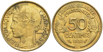 ФРАНЦИЯ 50 САНТИМОВ 1932 ТИП MORLON, OPEN 9, С ЯГОДОЙ KM 894.1, LE FRANC 192.7 алюминиевая бронза 44-718