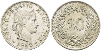 Швейцария 20 раппенов 1962 В KM 29а медно-никель 4511-924
