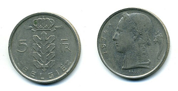 БЕЛЬГИЯ 5 ФРАНКОВ 1974 BELGIE KM 135.1 медно-никель 25-1454