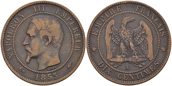 ФРАНЦИЯ 10 САНТИМОВ 1855 А, НАПОЛЕОН III (1852-1870) KM 771.1, LE FRANC 133.19 бронза 97-1234
