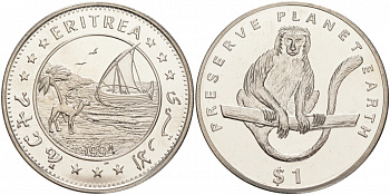 Эритрея 1 доллар 1994 серия берегите планету Земля, колобус (обезьяна) KM 17 медно-никель UNC M26-15