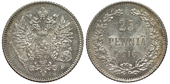 Россия для Финляндии 25 пенни 1916 S, Николай II (1894-1917) KM 6.2, Биткин 421 серебро 75-1327