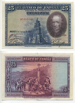 ИСПАНИЯ 25 ПЕСЕТ 1928 СЕРИЯ D 7613066, ПЕДРО КАЛЬДЕРОН ДЕ ЛЯ БАРКА Pick 74b бумага aUNC 6278-3-1