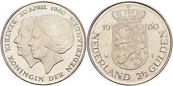 Нидерланды 2 1/2 гульдена 1980 коронация Беатрикс, 30 апреля 1980 KM 201 никель 4593-622