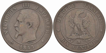 Франция 10 сантимов 1855 MA, Наполеон III (1852-1870) KM 771.6, Le Franc 133.29 бронза    4680-525