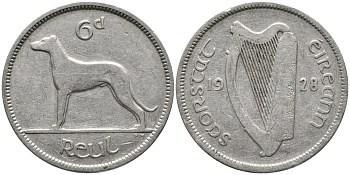 Ирландия 6 пенсов 1928 собака, ирландский волкодав KM 5 никель 28-826