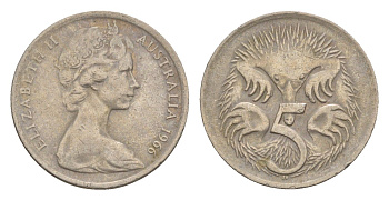 Австралия 5 центов 1966 Елизавета II (1952-2022) молодой портрет, ехидна KM 64 медно-никель 4151-154