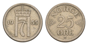 Норвегия 25 эре 1955 Хокон VII (1905-1957) KM 401 медно-никель 4632-1231