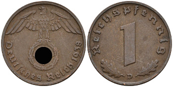 Германия 1 рейхспфенниг 1938 D KM 89, J 361 бронза 4136-611