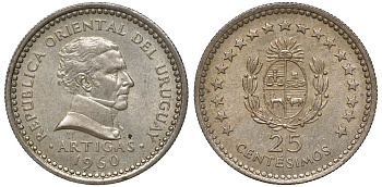 Уругвай 25 сентесимо 1960 KM 40 медно-никель 4169-966
