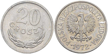 ПОЛЬША 20 ГРОШЕЙ 1972 MW KM А47 алюминий 201-458