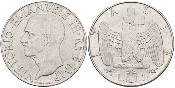 ИТАЛИЯ 1 ЛИРА 1942 R, ГОД XX, ВИКТОР ЭММАНУИЛ III (1900-1946) KM 77b, VEM3. 1102 нержавеющая сталь 3855-513