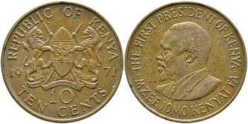 Кения 10 центов 1971 Джомо Кениата KM 11 никель латунь 111-115
