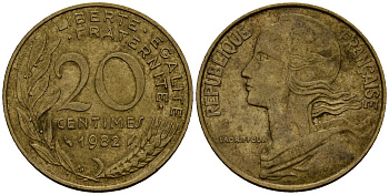 Франция 20 сантимов 1982 KM 930 алюминиевая бронза 4138-346