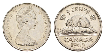 Канада 5 центов 1965 Елизавета II (1952-2022), бобр KM 60.1 никель aUNC 4630-712