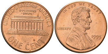 США 1 цент 1995 Авраам Линкольн  KM 201b цинк плакированная медью UNC 220-1155