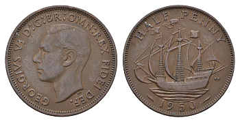 Великобритания 1/2 пенни 1950 Георг VI (1936-1952) KM 868, Spink 4118 бронза 4519-752