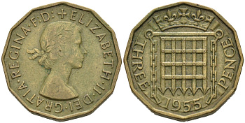 Великобритания 3 пенса 1955 Елизавета II (1952-2022) KM 900, Spink 4153 никель латунь 4561-1023