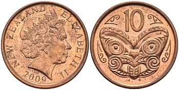 Новая Зеландия 10 центов 2009 маска Маори, Елизавета II (1952-) KM 117а сталь плакированная медью 4114-134