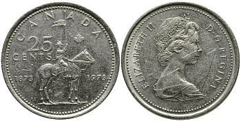 Канада 25 центов 1973 100 лет канадской горной полиции (1873-1973), Елизавета II (1952-2022) KM 81 никель 3336-245