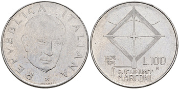 Италия 100 лир 1974 R, 100 лет со дня рождения МАРКОНИ KM 102 нержавеющая сталь 51-4246