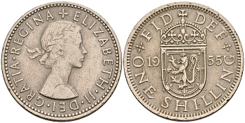 Великобритания 1 шиллинг 1955 Елизавета II (1952-2022), Шотландский герб KM 905, Spink 4148 медно-никель    4150-512