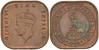 Британская Малайя 1 цент 1943 Георг VI (1937-1952) KM 6 бронза 4153-636