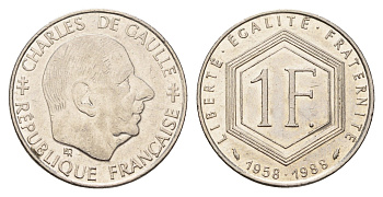 Франция 1 франк 1988 30 лет Пятой Республике, Шарль де Голль KM 963, Le Franc 227.2 никель 4675-752
