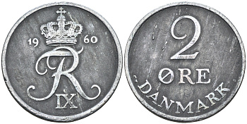 Дания 2 эре 1960 C; S, Фредерик IX (1947-1972) KM 840.2 цинк  4177-154