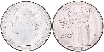 ИТАЛИЯ 100 ЛИР 1979 R, АФИНА, ДИАМЕТР 28 ММ. KM 96.1 нержавеющая сталь 4179-1115