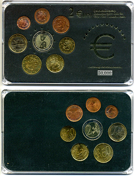 Финляндия евронабор из 8 монет 2001-2006 1 евроцент - 2 евро, включает 2 евро 100 лет парламентским реформам, в пластике запайка UNC 1-6-4-57