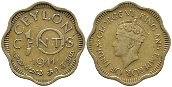 ЦЕЙЛОН 10 ЦЕНТОВ 1944 ГЕОРГ VI KM 118 никель латунь 34-824