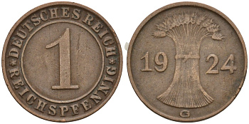 Германия 1 рейхспфенниг 1924 G KM 37, J. 313 бронза 4516-1121