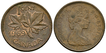 Канада 1 цент 1969 Елизавета II (1952-2022), кленовый лист KM 59.1 бронза 4173-1233