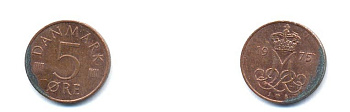 Дания 5 эре 1975 S; B, Маргрете II (1972- ) KM 859.1 железо плакированное медью 4379-747