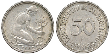 ФРГ 50 пфеннигов 1950 F KM 109, J. 384 медно-никель 4132-637