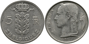 БЕЛЬГИЯ 5 ФРАНКОВ 1969 BELGIQUE KM 134.1 медно-никель 98-641