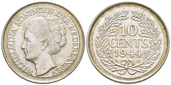 Нидерланды 10 центов 1944 Вильгельмина (1890-1948) KM 163 серебро aUNC 66-1269