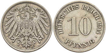 ГЕРМАНИЯ 10 ПФЕННИГОВ 1914 J KM 12, J. 13, Weege 8 медно-никель 212-834
